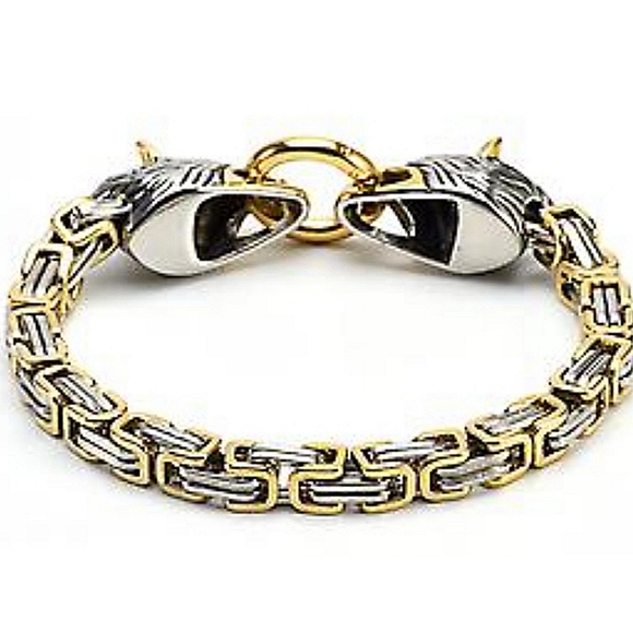 New! MEN'S Siver & Gold Byzantine Chain with Double Wolf Head Bracelet. 8" - Picture 8 of 9